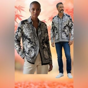 Versace Barocco Print Black & Gray Unisex Graphic Silk Shirt Size 44EU